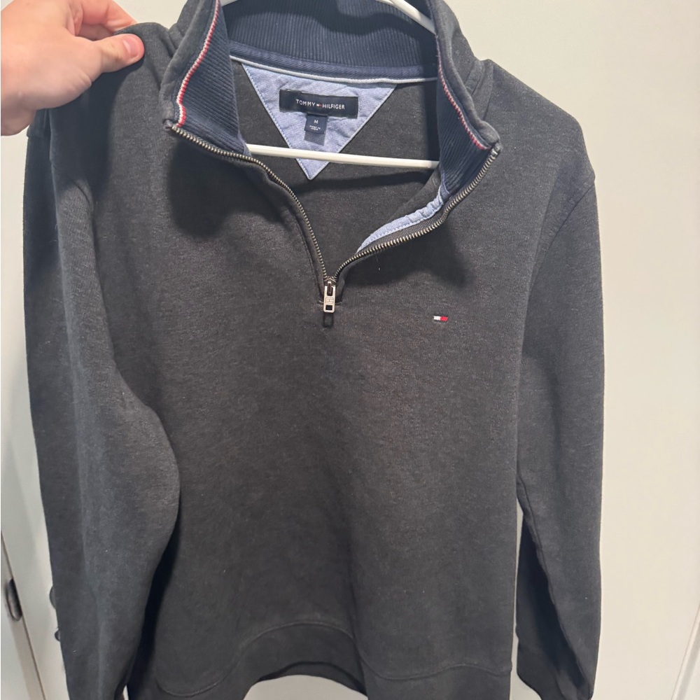 Tommy Hilfiger Gray Zip Up Sweater with Ribbed Collar
